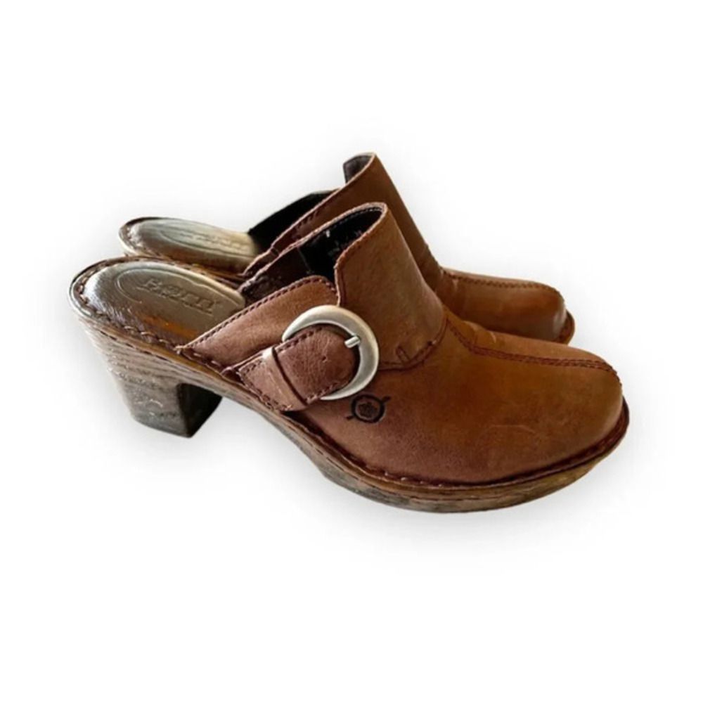 Born‎ Brown Leather Wood Sole Clog Size 7 M/W Boho Heeled Mule Buckle Detail